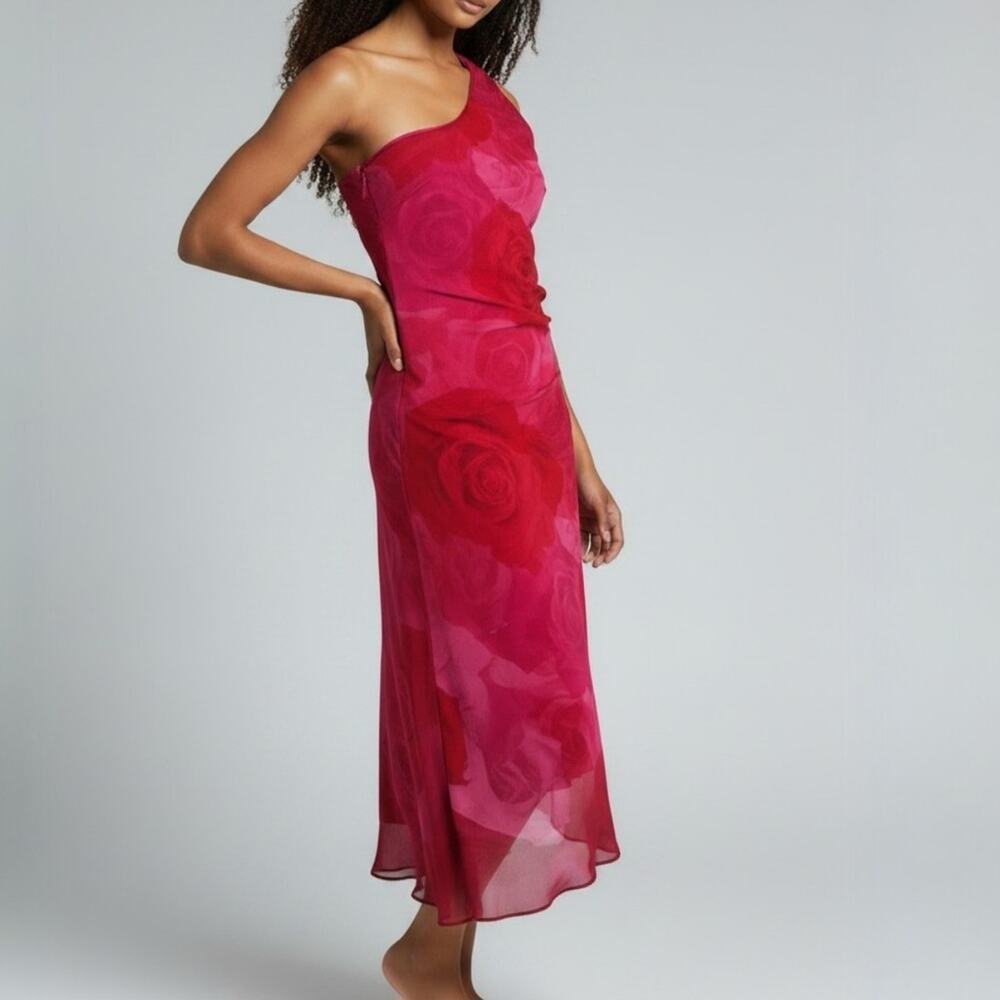 Lulus Red Rose Print Single Shoulder Shirred Chiffon Midi Dress Size  XS NWT